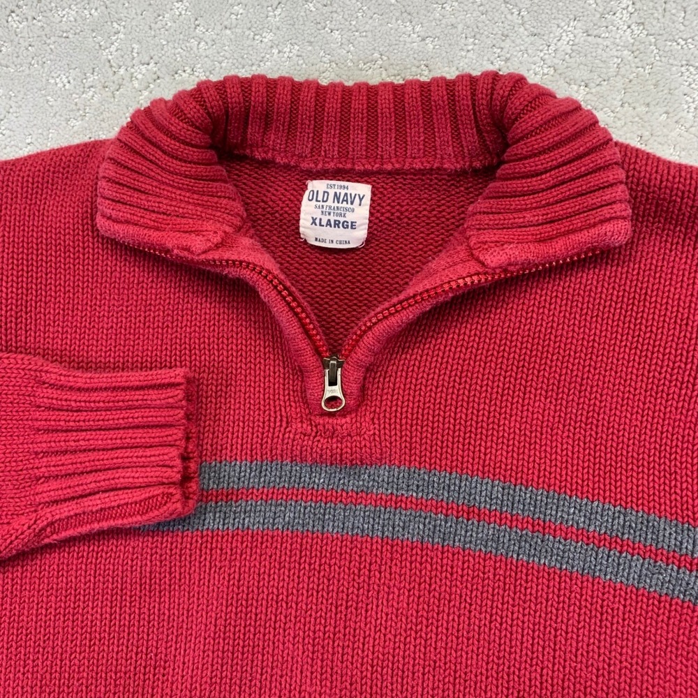 Old Navy Kids Sweater Size XL Knit 1/4 Zip Red Gray Striped Pullover Y2k